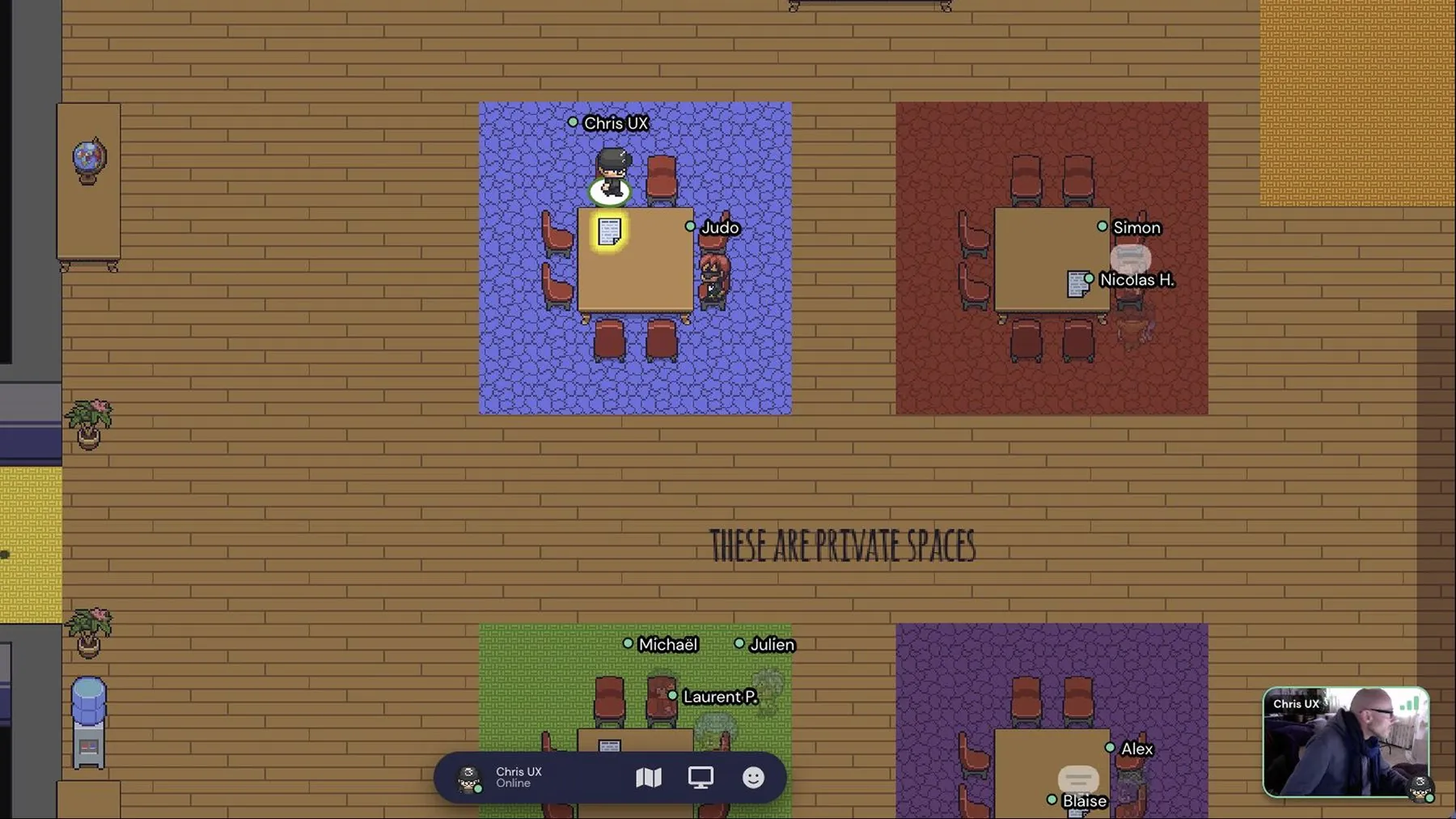 Screenshot of Gather.town: a pixel-art virtual office divided into four team rooms.
