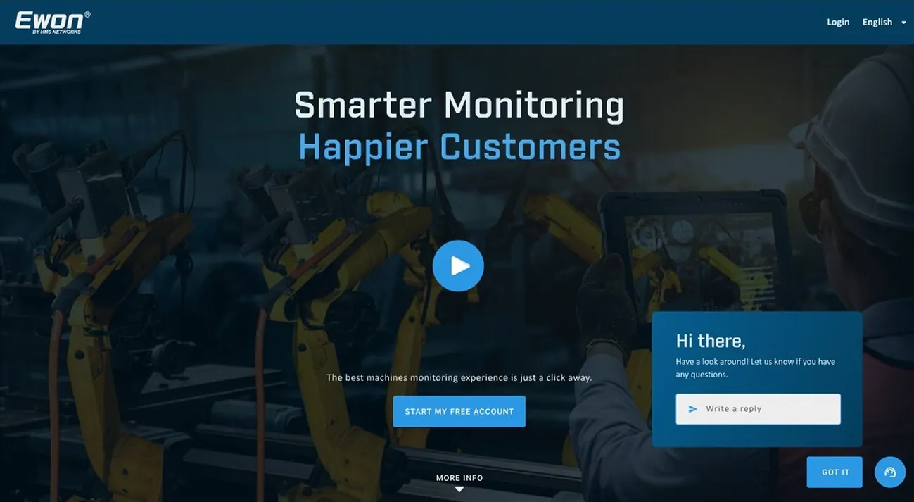 Home screen of the final prototype: the « Smarter Monitoring, Happier Customers » hero, a video play button, one-click sign-up and a chat help window.