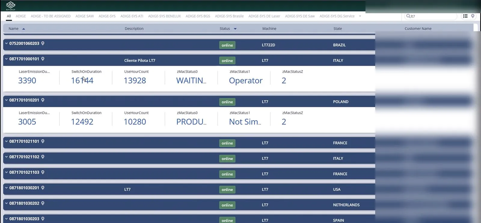 Web monitoring dashboard for a fleet of machines: a list of identified machines, each with an “online” badge, their type (LT7, LT722D) and their country; an expanded row shows counters (LaserEmissionDuration, UseHourCount) and untranslated statuses (zMacStatus0, zMacStatus1).