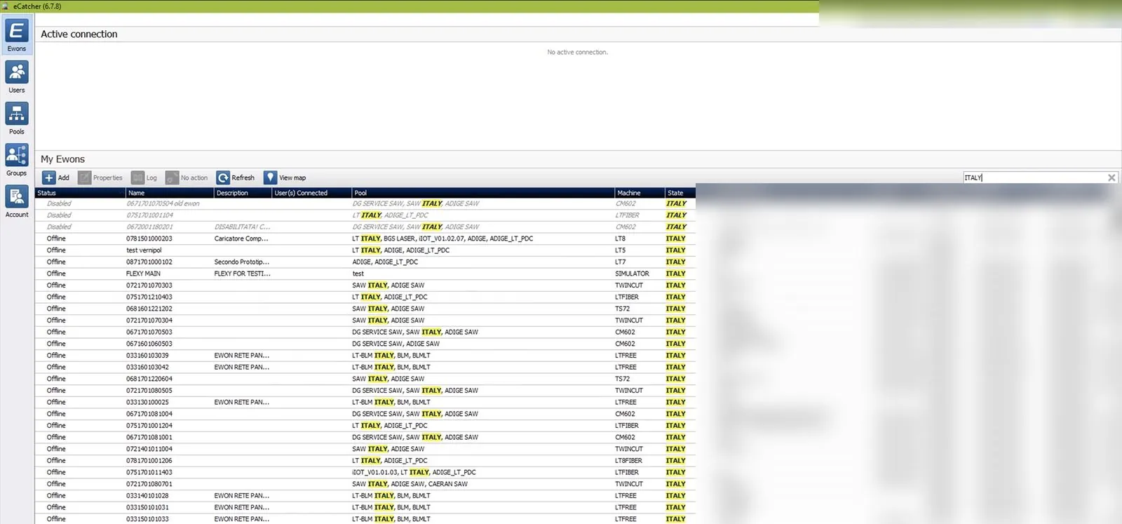 eCatcher desktop application (version 6.7.8), “My Ewons” view: a table listing the Ewon routers with their status (Disabled, Offline), their name, their description, their pool, their machine and their country; IP addresses and serial numbers masked.
