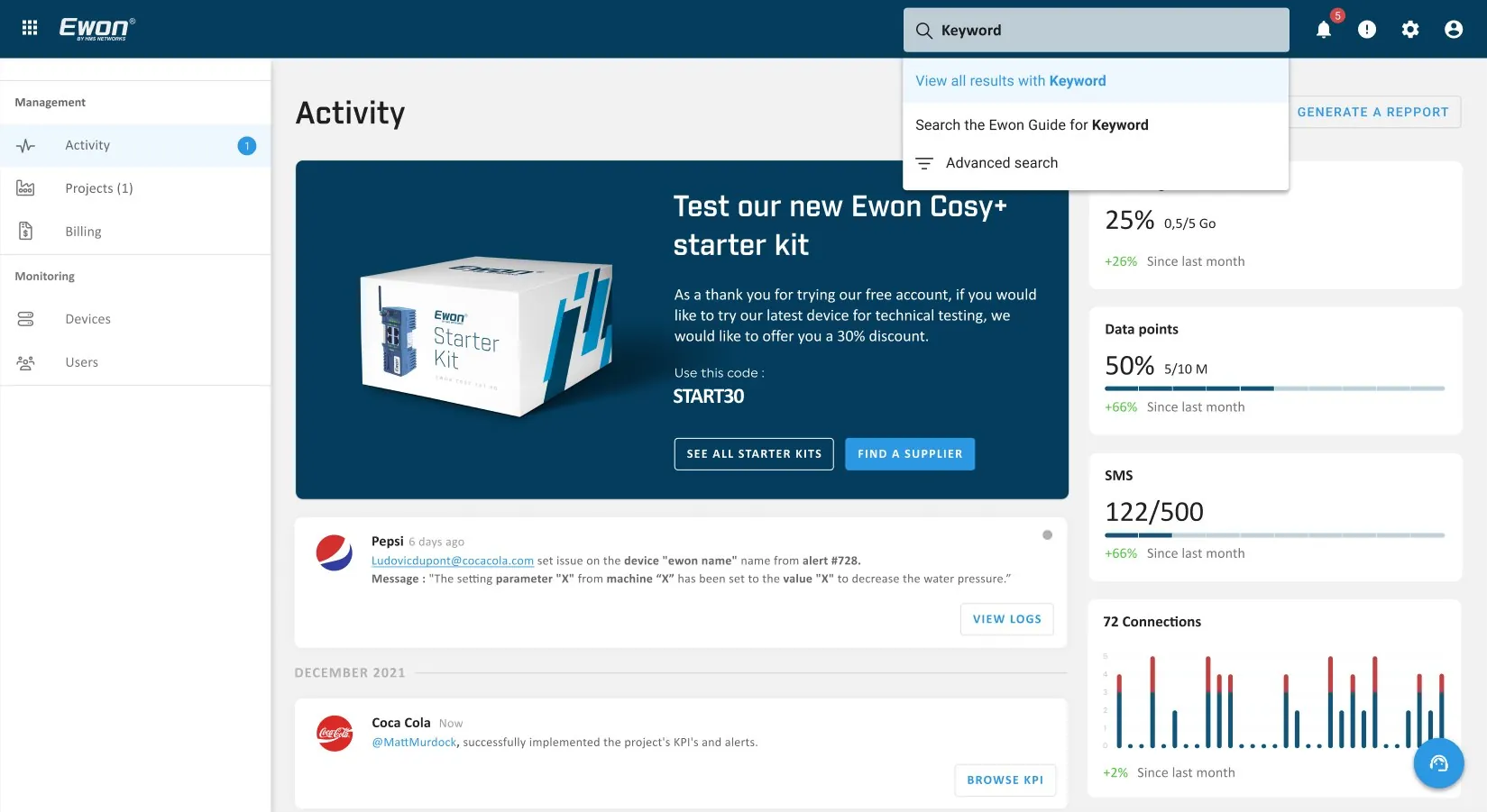 Screen of the SaaS activity dashboard: consumption, data and connections.