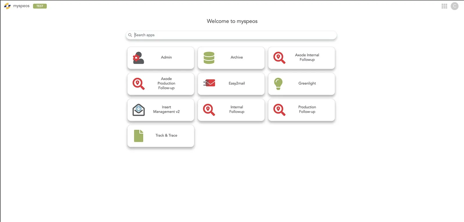 Het myspeos-portaal: een catalogus van aparte applicaties, van Archive tot Track & Trace, elk met een eigen ingang.