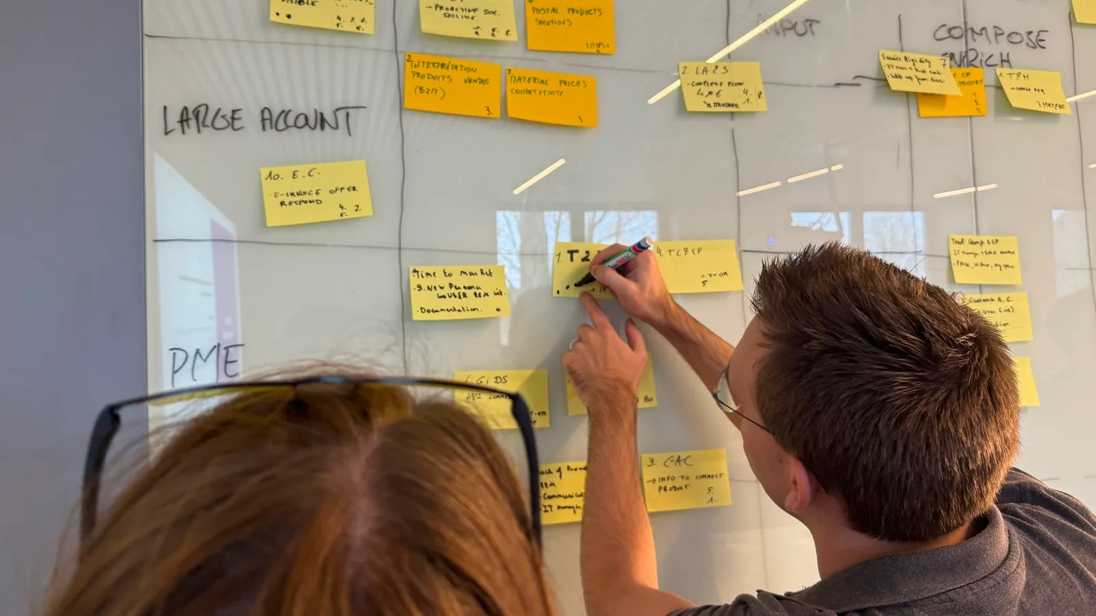 Twee deelnemers schrijven een frictie rechtstreeks op de muur, post-it T2M op de voorgrond.