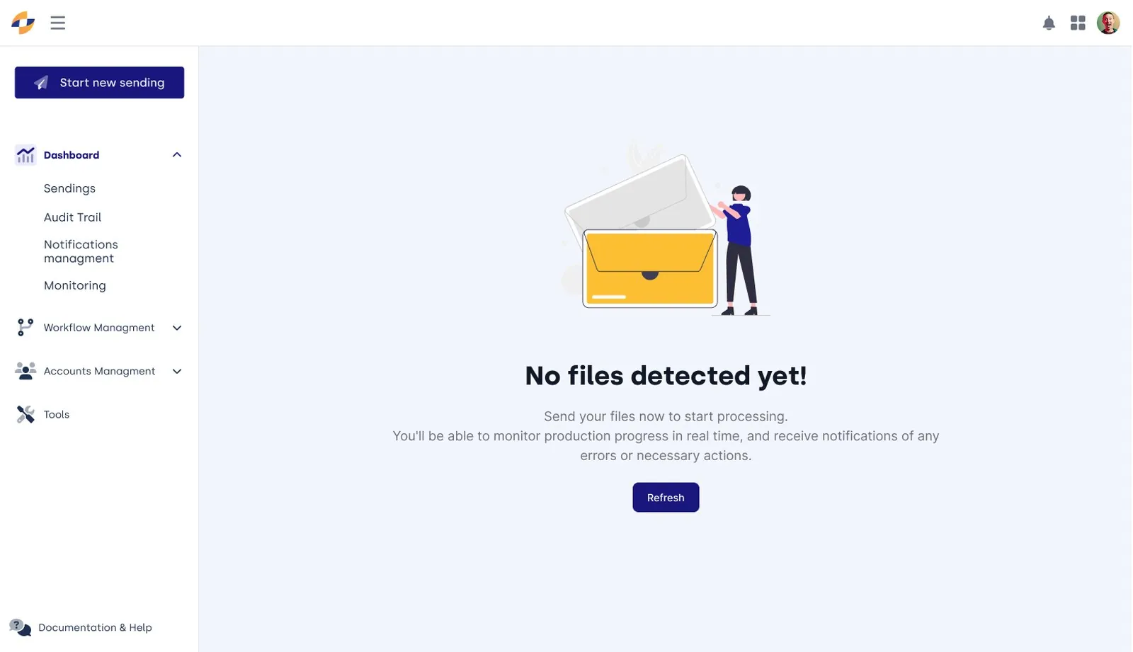 De startpagina van de monitoring, in afwachting: 'No files detected yet', met een verversknop.