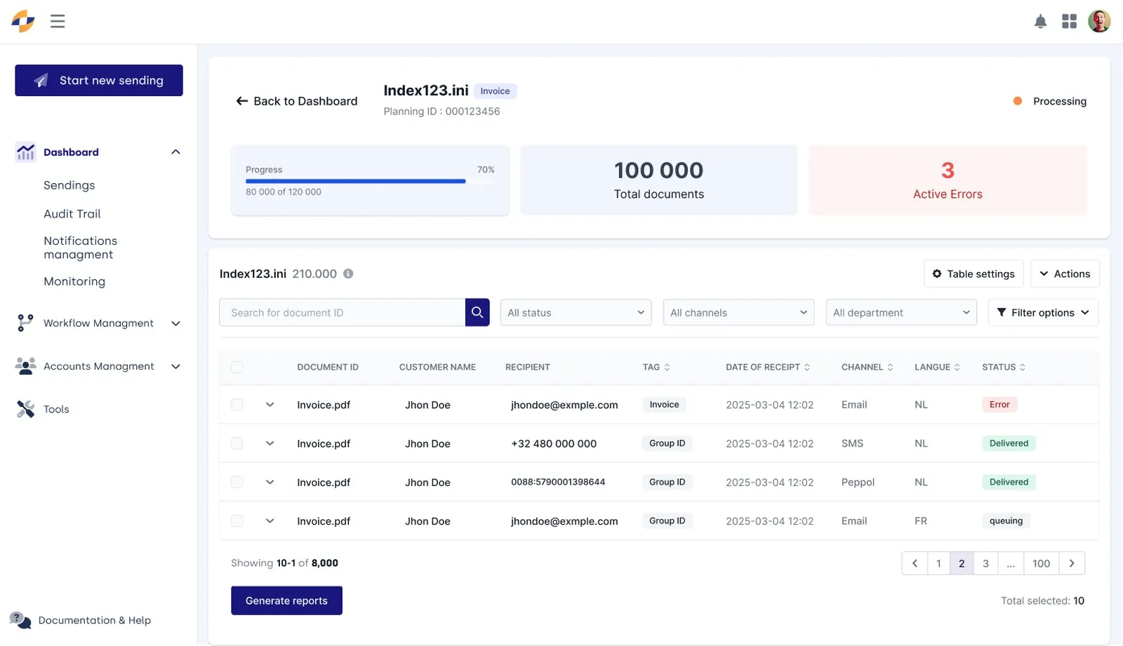 De lijst van de bestanden van een batch: document-id, bestemmeling, kanaal, taal en status, kolom per kolom.