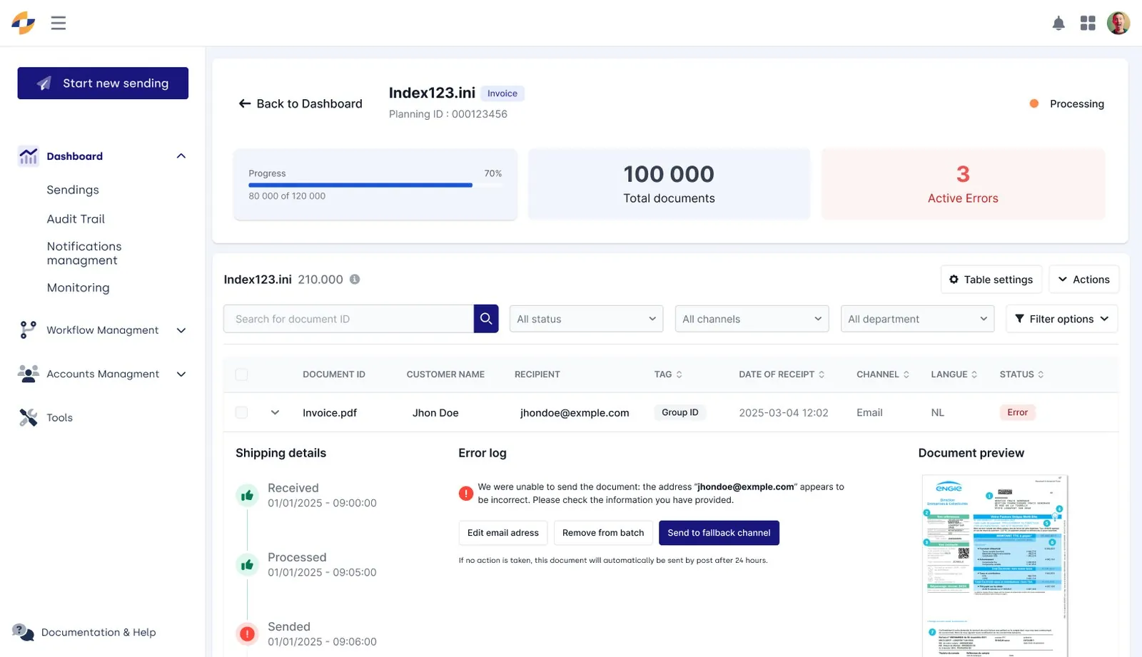 Het detail van een bestand: de tijdlijn ontvangen / verwerkt / verzonden, het foutlog, het documentvoorbeeld en de mogelijke acties.