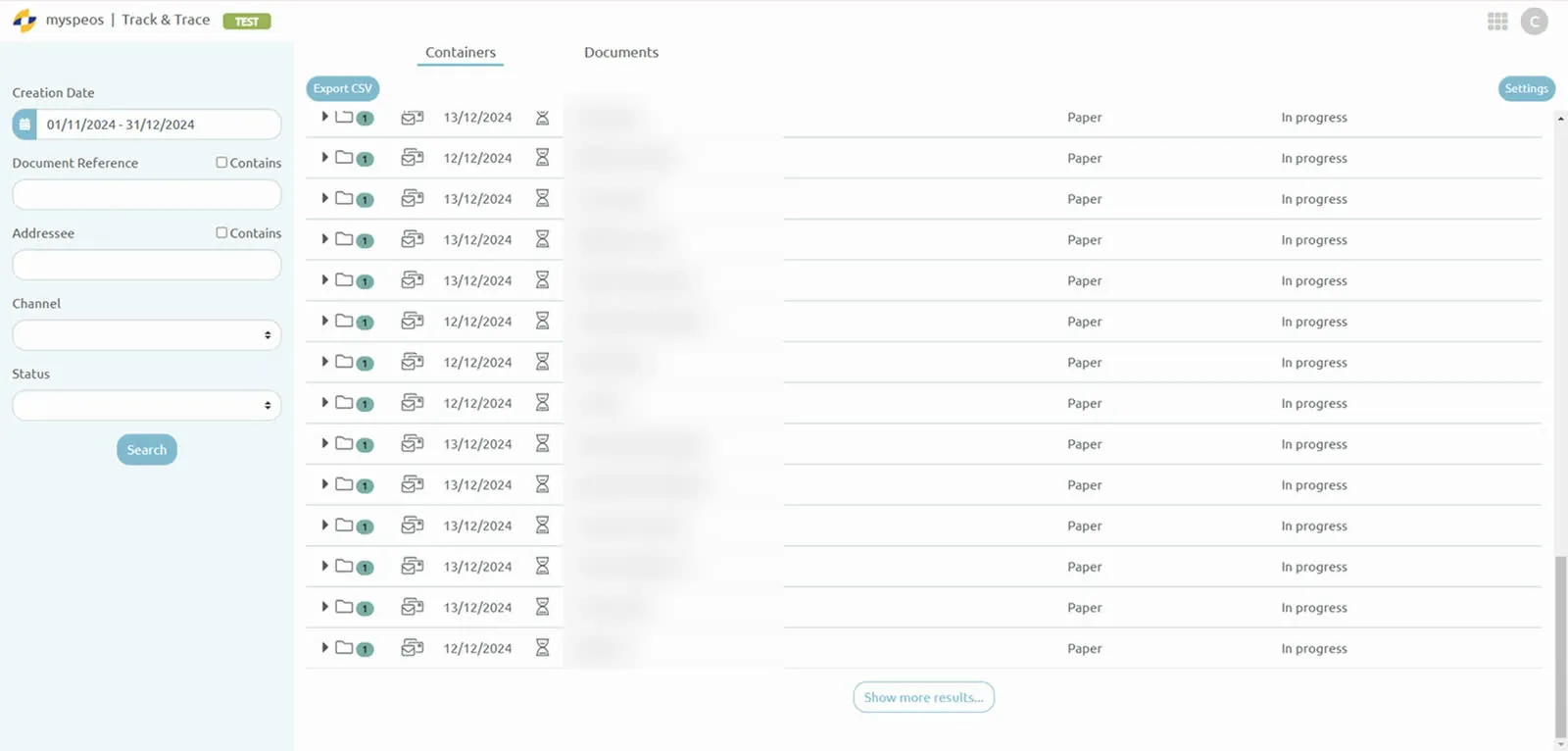 De tool Track & Trace: de lijst van zendingen met eigen filters en eigen nomenclatuur, namen van bestemmelingen gemaskeerd.