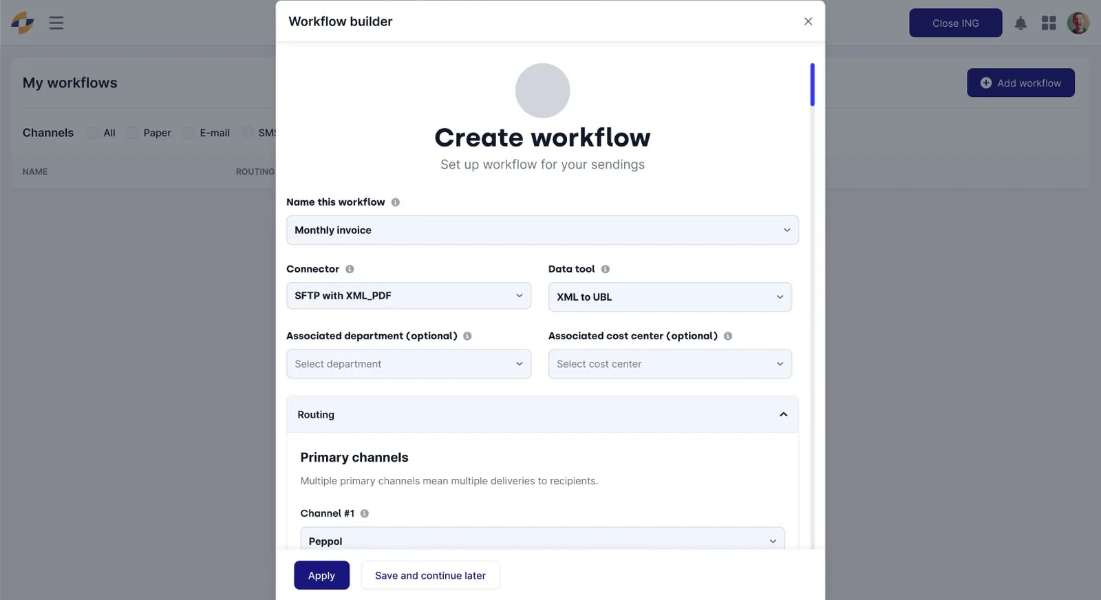 De modal voor het aanmaken van een workflow: connector, data tool en Peppol-kanaal.