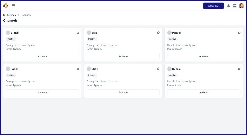 Écran d'activation des canaux de distribution : e-mail, SMS, Peppol, papier, Ebox, Doccle.
