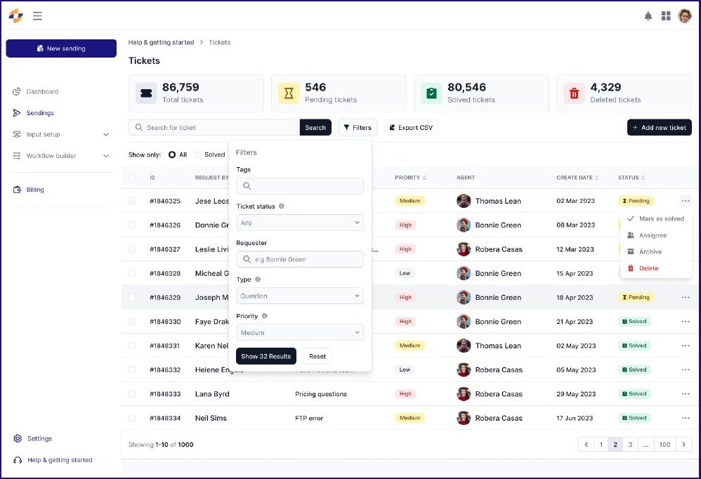 Écran du support : liste des tickets avec statuts, priorités et agents.