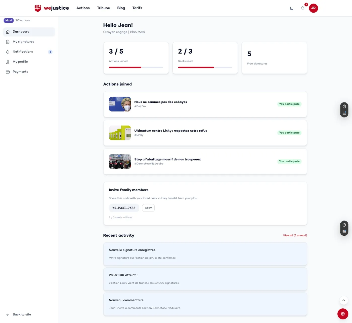 The member account dashboard: joined actions, used seats, referral code and latest activity.