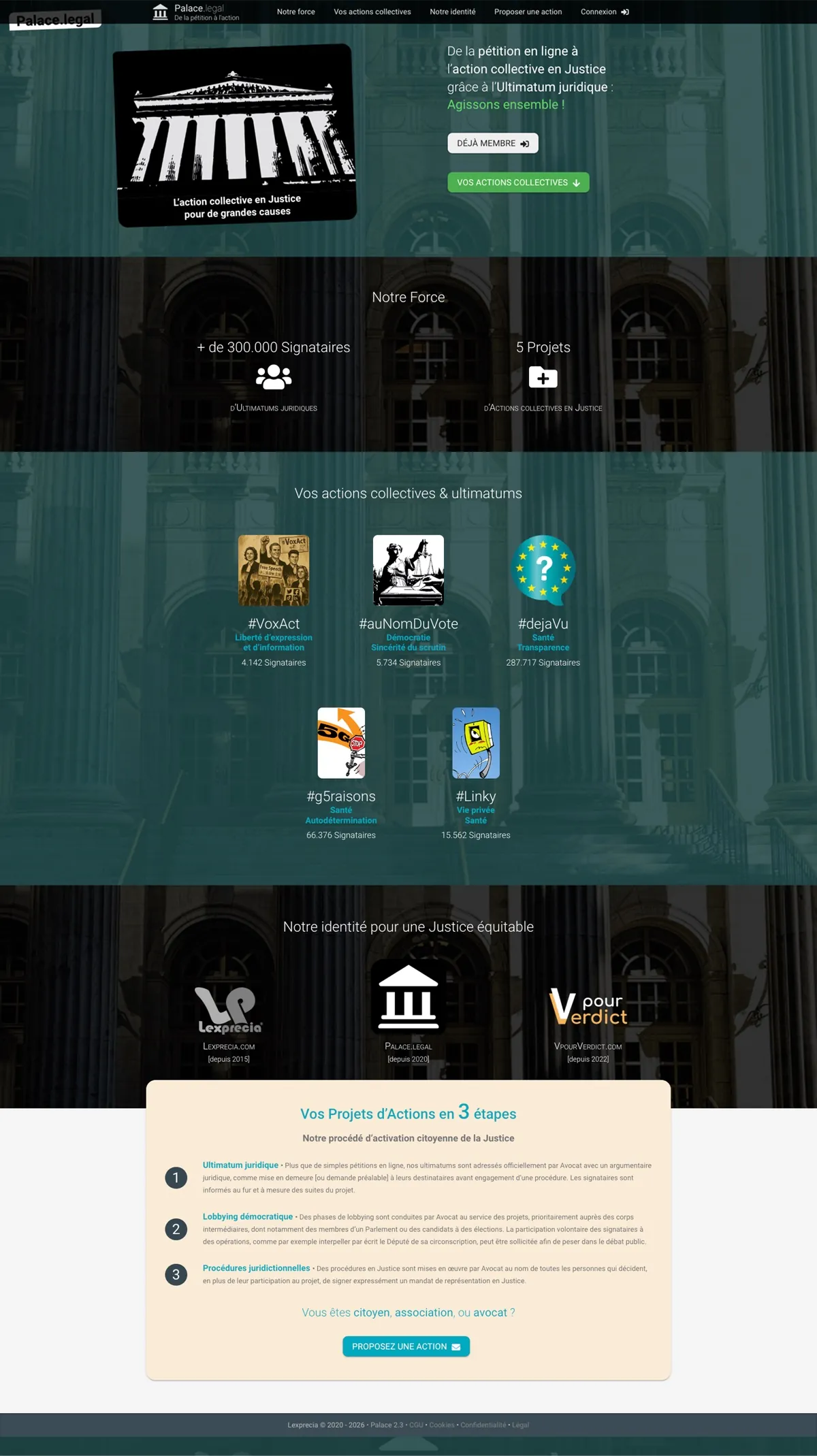 The full Palace.legal home: over 300,000 signatories, 5 actions with their counters, the Lexprecia, Palace.legal and VpourVerdict ecosystem, and the 3-step process.
