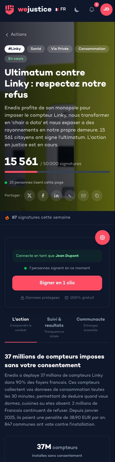 La page d'action en mobile : compteur de signatures, formulaire de signature.