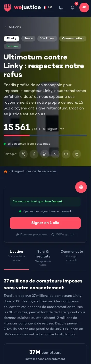 The action page on mobile: signature counter, signing form.