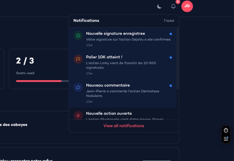 Le panneau de notifications du compte membre : signature confirmée, palier atteint, nouveau commentaire.