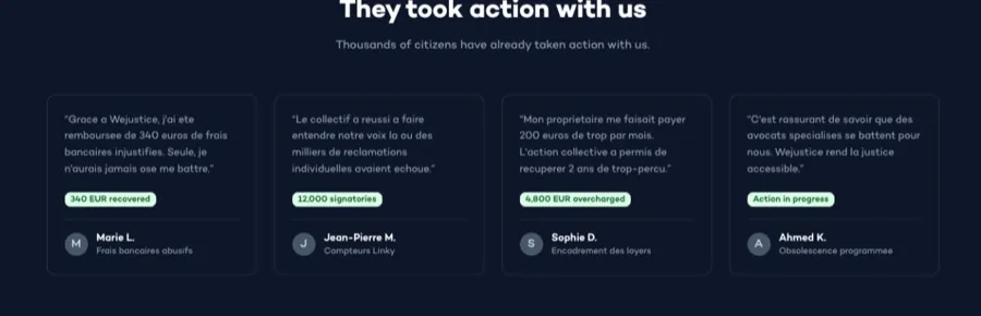 Four testimonials with their quantified outcome, including €4,800 of overpayments refunded.